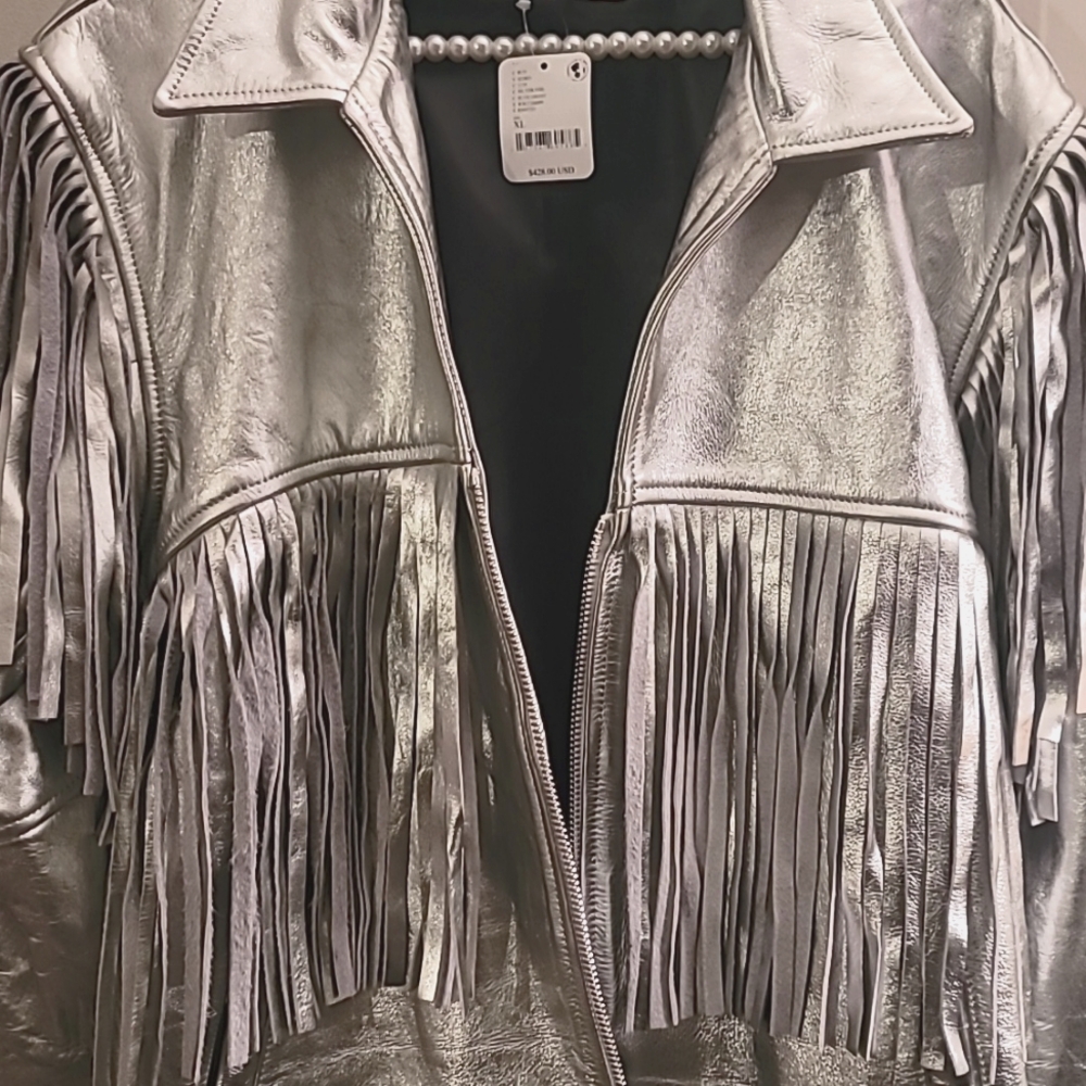 Silver Leather Fringe Women's Jacket - Picture 6 of 8